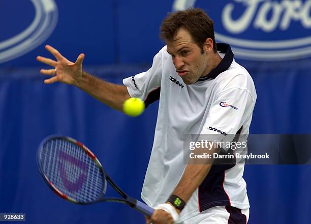 Greg Rusedski of Great Britain in action against Lars Burgsmuller of Germany, in the third round of the Australian Open Tennis Championships, played...