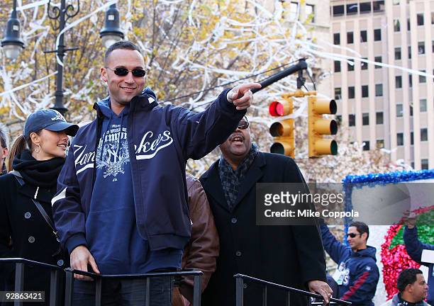 New York Yankees shortstop Derek Jeter and actress Minka Kelly attend 2009 New York Yankees World Series Victory Parade on November 6, 2009 in New...