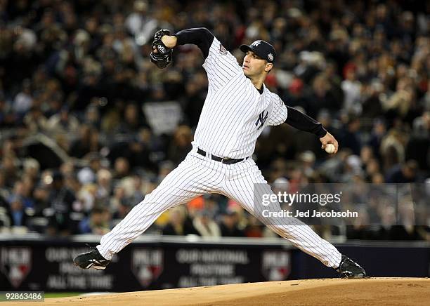 Starting pitcher Andy Pettitte of the New York Yankees throws a pitch against the Philadelphia Phillies in Game Six of the 2009 MLB World Series at...