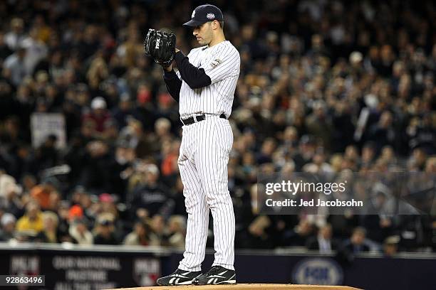 Starting pitcher Andy Pettitte of the New York Yankees gets set to throw a pitch against the Philadelphia Phillies in Game Six of the 2009 MLB World...