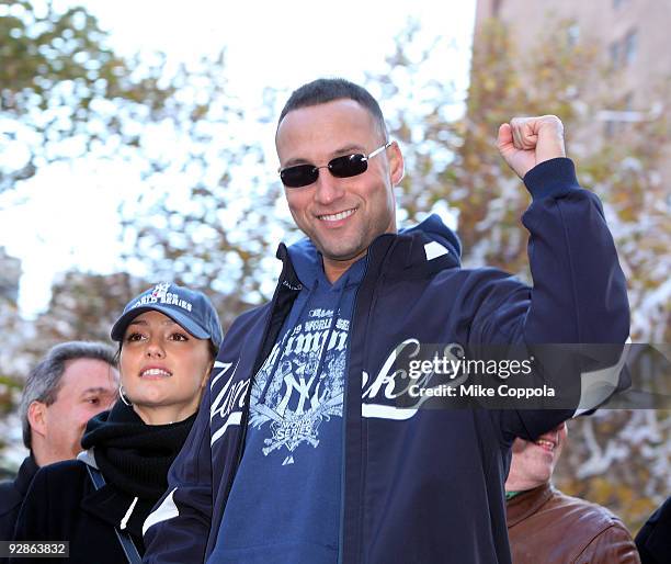 New York Yankees shortstop Derek Jeter and girlfriend Minka Kelly attend 2009 New York Yankees World Series Victory Parade on November 6, 2009 in New...