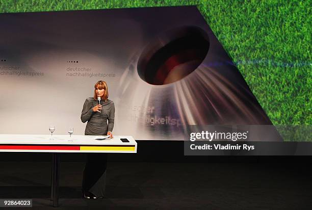 Former German swimming star Franziska van Almsick announces German Football Association to win a special award during at the German Sustainability...