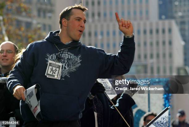 Mark Teixeira of the New York Yankees celebrates on a float during the New York Yankees World Series Victory Parade on November 6, 2009 in New York,...