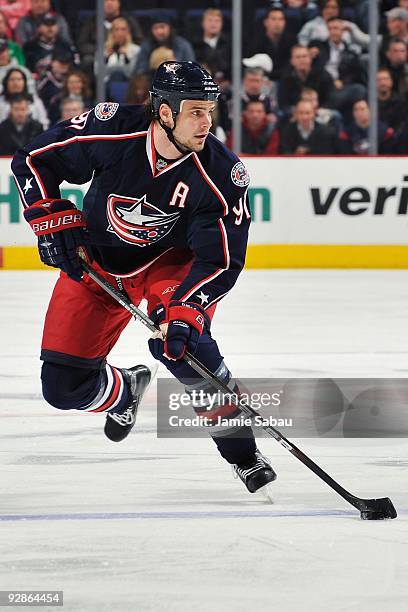 Defenseman Rostislav Klesla of the Columbus Blue Jackets skates with the puck against the San Jose Sharks on November 4, 2009 at Nationwide Arena in...