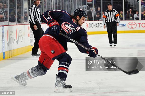 Defenseman Rostislav Klesla of the Columbus Blue Jackets shoots the puck against the San Jose Sharks on November 4, 2009 at Nationwide Arena in...