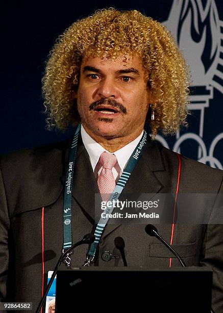 Former Colombian soccer player Carlos Vaderrama attends the XLVII Pan American Sports Organization General Assembly at the Hilton hotel on November...