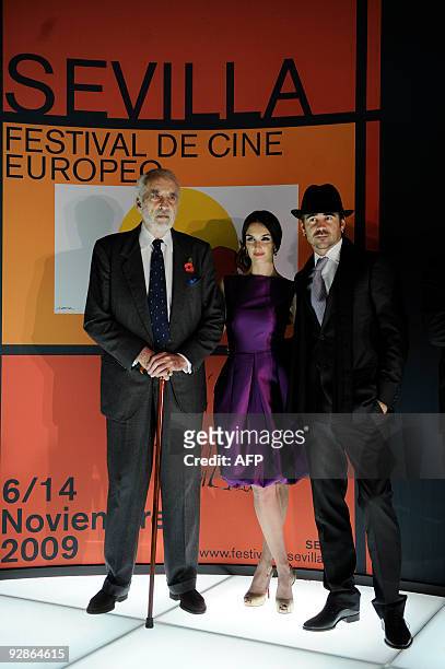 British actor Christopher Lee , Spanish actress Paz Vega and Irish actor Colin Farrell pose during the presentation of the latest film 'Triage'...