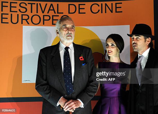 British actor Christopher Lee , Spanish actress Paz Vega and Irish actor Colin Farrell pose during the presentation of the latest film 'Triage'...