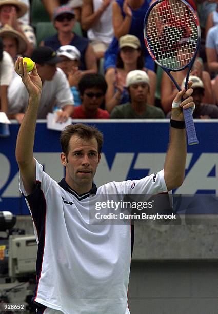 Greg Rusedski of Great Britain celebrates his win over Lars Burgsmuller of Germany, in the third round of the Australian Open Tennis Championships,...