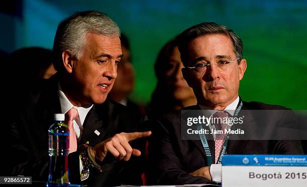 President of Colombia Alvaro Uribe and Mayor of Bogota Samuel Moreno during the XLVII Pan American Sports Organization General Assembly at the Hilton...