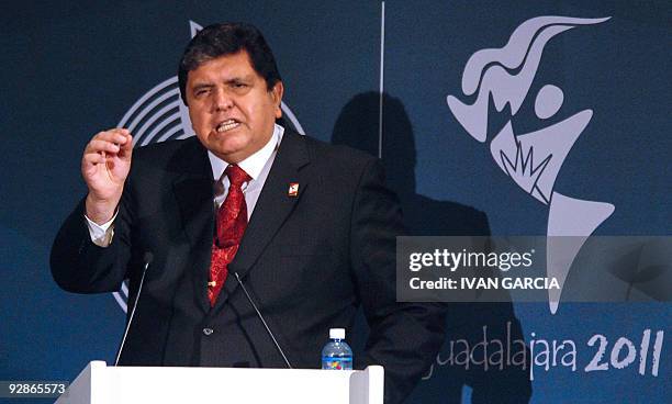 Peruvian President Alan Garcia speaks during the PASO General Assembly in Guadalajara, Mexico on November 06, 2009. Garcia is in Guadalajara to...