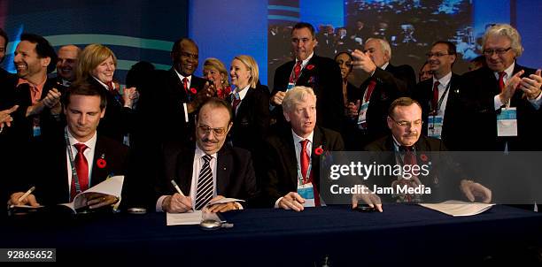 Premier Dalton Mc Guinty, Pan American Sports Organization President Mario Vazquez Rana, Mayor of Toronto David Miller and President of the Olympic...