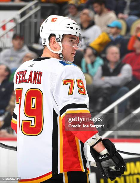 Micheal Ferland of the Calgary Flames skates against the Pittsburgh Penguins at PPG Paints Arena on March 5, 2018 in Pittsburgh, Pennsylvania.