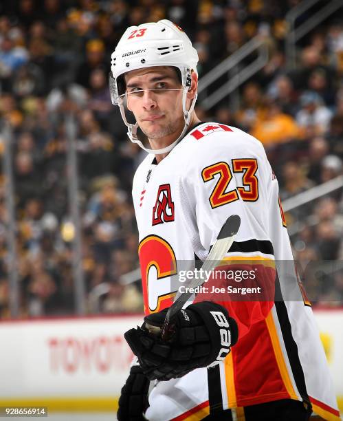 Sean Monahan of the Calgary Flames skates against the Pittsburgh Penguins at PPG Paints Arena on March 5, 2018 in Pittsburgh, Pennsylvania.