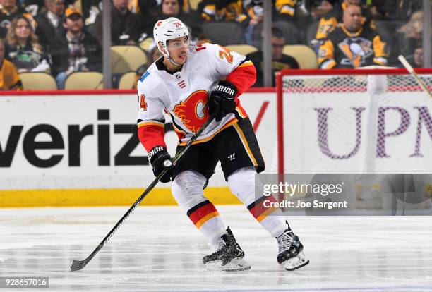 Travis Hamonic of the Calgary Flames skates against the Pittsburgh Penguins at PPG Paints Arena on March 5, 2018 in Pittsburgh, Pennsylvania.