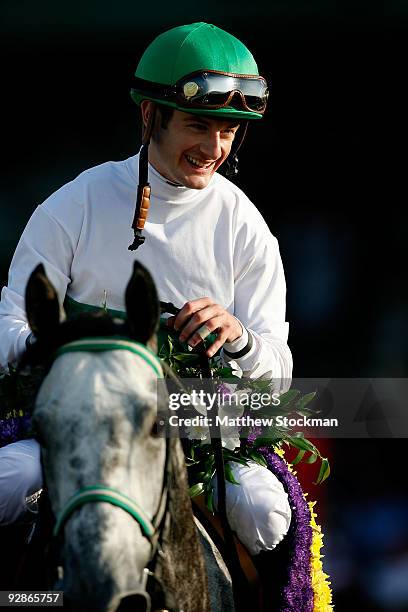 Jockey Julien Leparoux smiles atop Informed Decision after winning the Breeders' Cup Juvenile Filly and Mare Sprint race during the Breeders' Cup...