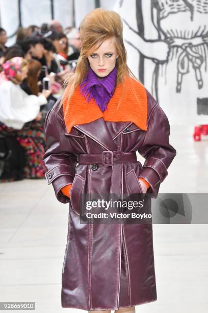 Model walks the runway during the Miu Miu show as part of the Paris Fashion Week Womenswear Fall/Winter 2018/2019 on March 6, 2018 in Paris, France.