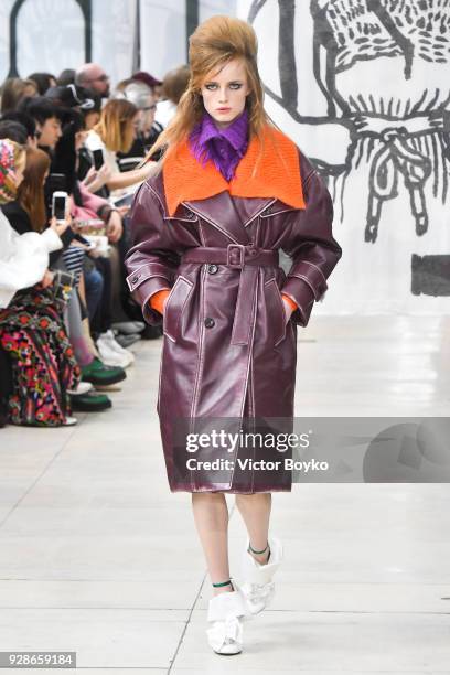 Model walks the runway during the Miu Miu show as part of the Paris Fashion Week Womenswear Fall/Winter 2018/2019 on March 6, 2018 in Paris, France.