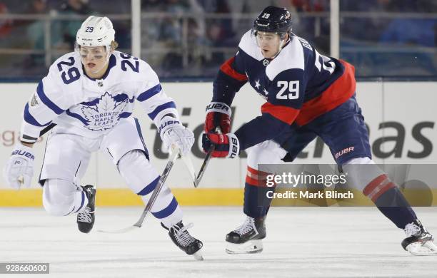William Nylander of the Toronto Maple Leafs plays against Christian Djoos of the Washington Capitals during the second period of the 2018 Coors Light...