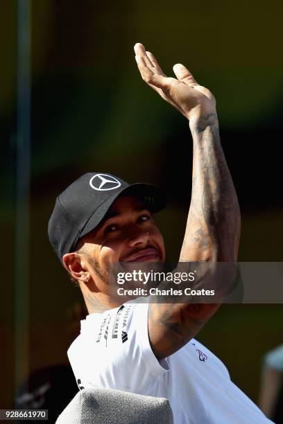 Lewis Hamilton of Great Britain and Mercedes GP waves to the crowd during day two of F1 Winter Testing at Circuit de Catalunya on March 7, 2018 in...