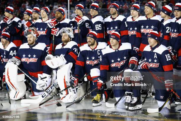 The Washington Capitals pose for a team picture before playing in the 2018 Coors Light NHL Stadium Series game against the Toronto Maple Leafs at the...