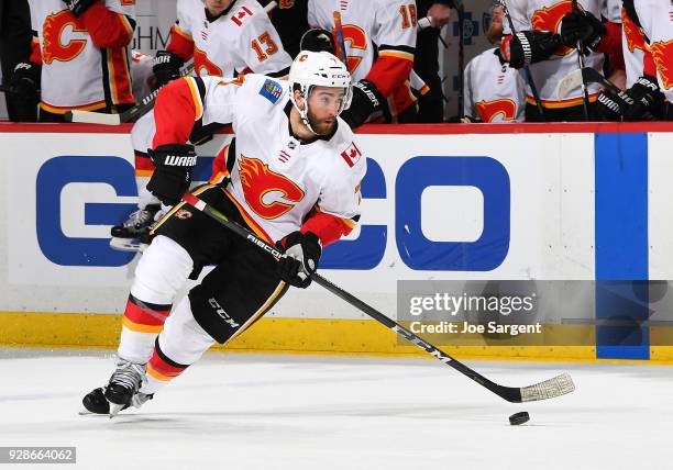 Brodie of the Calgary Flames skates against the Pittsburgh Penguins at PPG Paints Arena on March 5, 2018 in Pittsburgh, Pennsylvania.