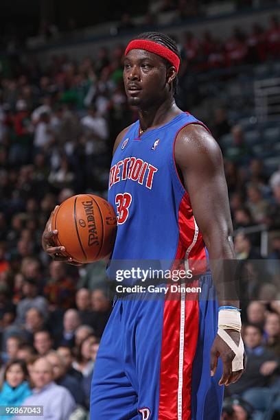 Kwame Brown of the Detroit Pistons holds the ball during the game against the Milwaukee Bucks on October 31, 2009 at the Bradley Center in Milwaukee,...