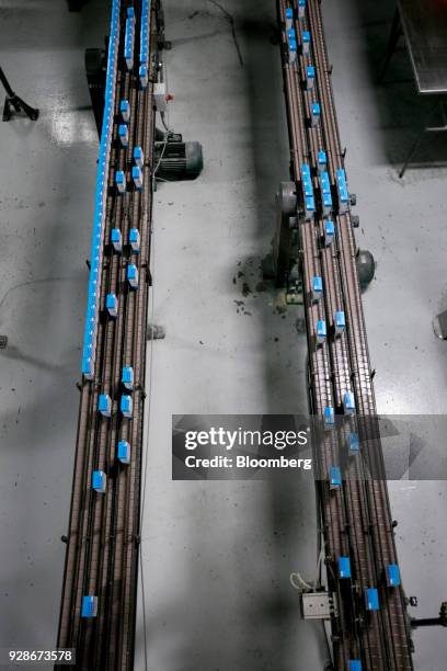 Jiffy cornbread mix boxes move along a conveyor belt at the Chelsea Milling Co. Jiffy Mix production facility in Chelsea, Michigan, U.S., on Friday,...