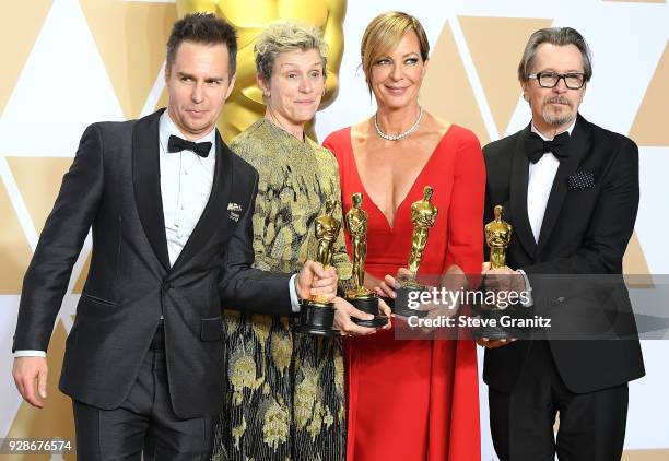 Actor Sam Rockwell, winner of the Best Supporting Actor award for 'Three Billboards Outside Ebbing, Missouri', actor Frances McDormand, winner of the...