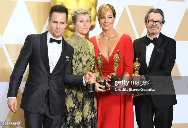 Actor Sam Rockwell, winner of the Best Supporting Actor award for 'Three Billboards Outside Ebbing, Missouri', actor Frances McDormand, winner of the...