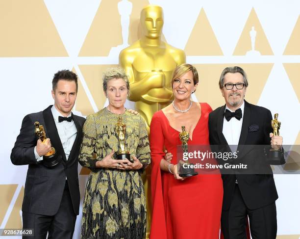 Actor Sam Rockwell, winner of the Best Supporting Actor award for 'Three Billboards Outside Ebbing, Missouri', actor Frances McDormand, winner of the...