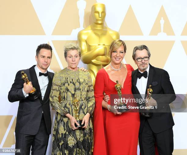 Actor Sam Rockwell, winner of the Best Supporting Actor award for 'Three Billboards Outside Ebbing, Missouri', actor Frances McDormand, winner of the...