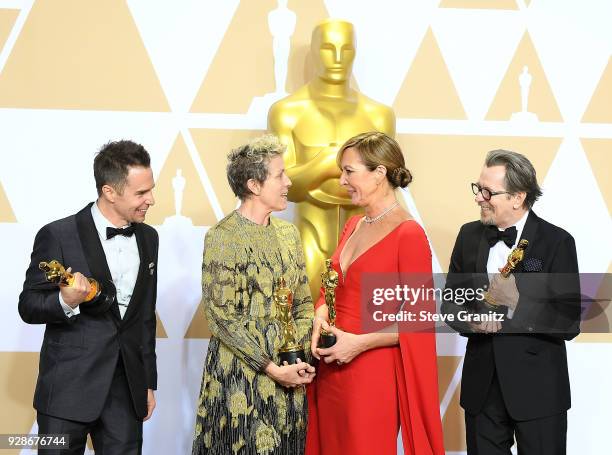 Actor Sam Rockwell, winner of the Best Supporting Actor award for 'Three Billboards Outside Ebbing, Missouri', actor Frances McDormand, winner of the...