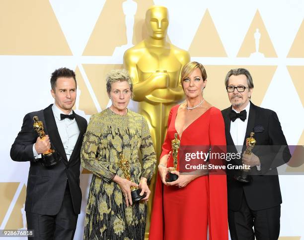 Actor Sam Rockwell, winner of the Best Supporting Actor award for 'Three Billboards Outside Ebbing, Missouri', actor Frances McDormand, winner of the...