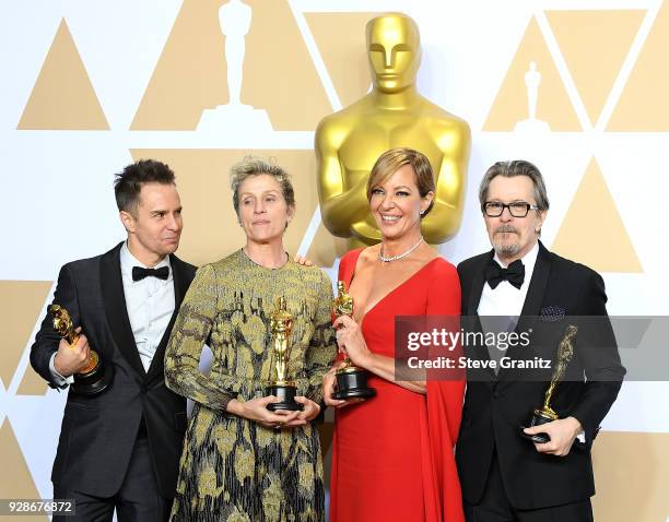 Actor Sam Rockwell, winner of the Best Supporting Actor award for 'Three Billboards Outside Ebbing, Missouri', actor Frances McDormand, winner of the...