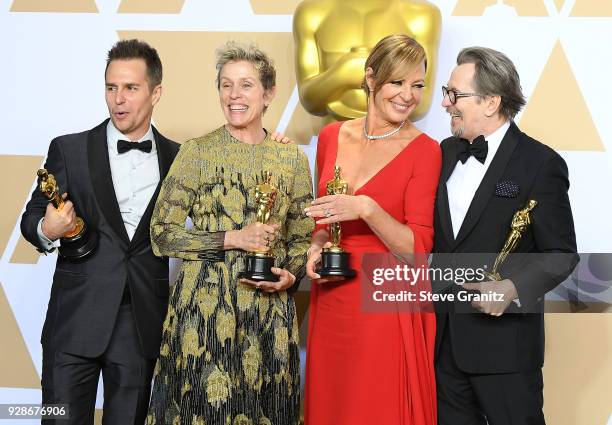 Actor Sam Rockwell, winner of the Best Supporting Actor award for 'Three Billboards Outside Ebbing, Missouri', actor Frances McDormand, winner of the...