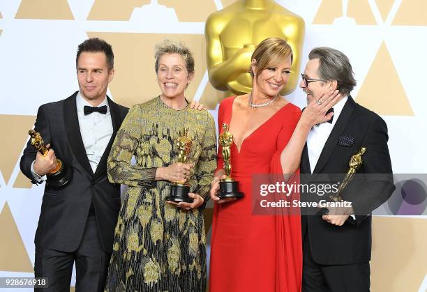 Actor Sam Rockwell, winner of the Best Supporting Actor award for 'Three Billboards Outside Ebbing, Missouri', actor Frances McDormand, winner of the...