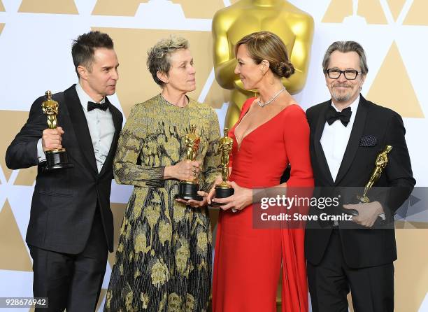 Actor Sam Rockwell, winner of the Best Supporting Actor award for 'Three Billboards Outside Ebbing, Missouri', actor Frances McDormand, winner of the...