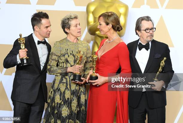 Actor Sam Rockwell, winner of the Best Supporting Actor award for 'Three Billboards Outside Ebbing, Missouri', actor Frances McDormand, winner of the...