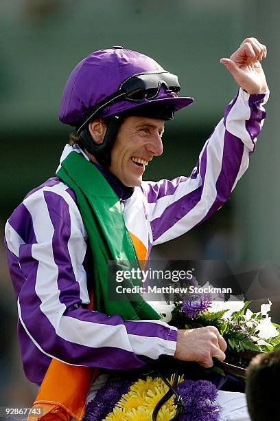 Jockey John Murtagh celebrates after winning the Breeders' Cup Marathon race with Man Of Iron during the Breeders' Cup World Championships at Santa...