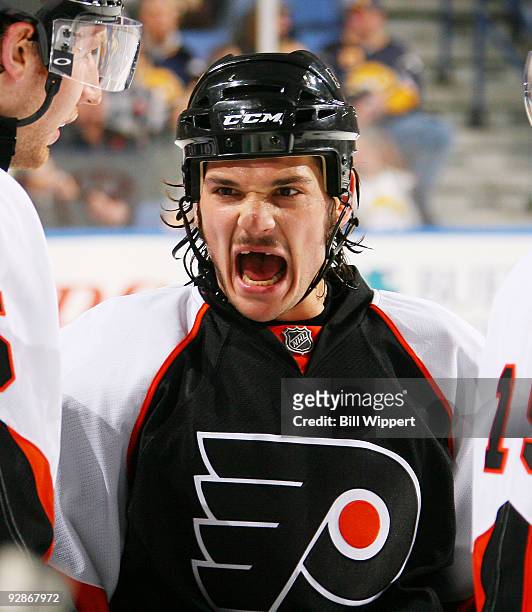 Dan Carcillo of the Philadelphia Flyers reacts to the first period announcement that his video-reviewed goal would count against the Buffalo Sabres...