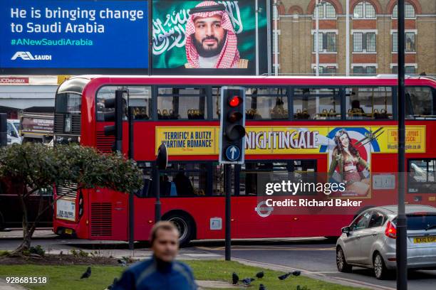 On the first day of his official 3-day visit to London, the face of Saudi Crown Prince Mohammed bin Salman appears on a large billboard on West...