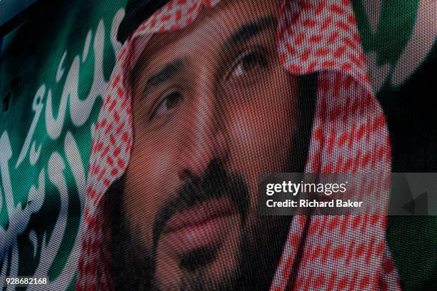 On the first day of his official 3-day visit to London, the face of Saudi Crown Prince Mohammed bin Salman appears on a large billboard on West...