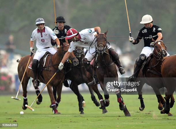 La Aguada player E. Novillo Astrada conducts the ball against La Ellerstina during their final polo match of Hurlingham Cup on November 6, 2009 in...