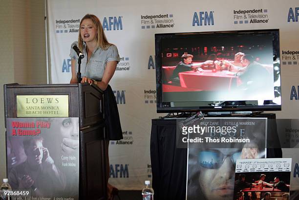 Actress Estella Warren speaks at the 2009 American Film Market during the Global Universal Pictures converence at the Loews Santa Monica Beach Hotel...