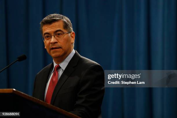 California Attorney General Xavier Becerra speaks during a press conference at the California State Capitol on March 7, 2018 in Sacramento,...