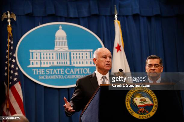 California Governor Jerry Brown speaks during a press conference at the California State Capitol on March 7, 2018 in Sacramento, California. The...