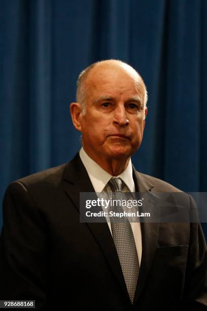 California Governor Jerry Brown speaks during a press conference at the California State Capitol on March 7, 2018 in Sacramento, California. The...