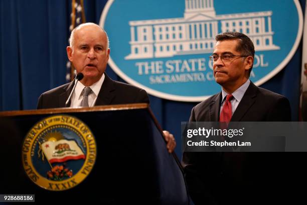 California Governor Jerry Brown speaks during a press conference at the California State Capitol on March 7, 2018 in Sacramento, California. The...