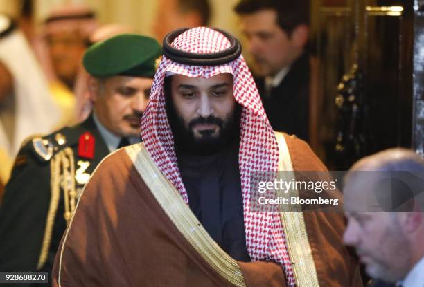 Mohammed bin Salman, Saudi Arabia's crown prince, leaves after meeting Theresa May, U.K. Prime minister, not pictured, at number 10 Downing Street in...